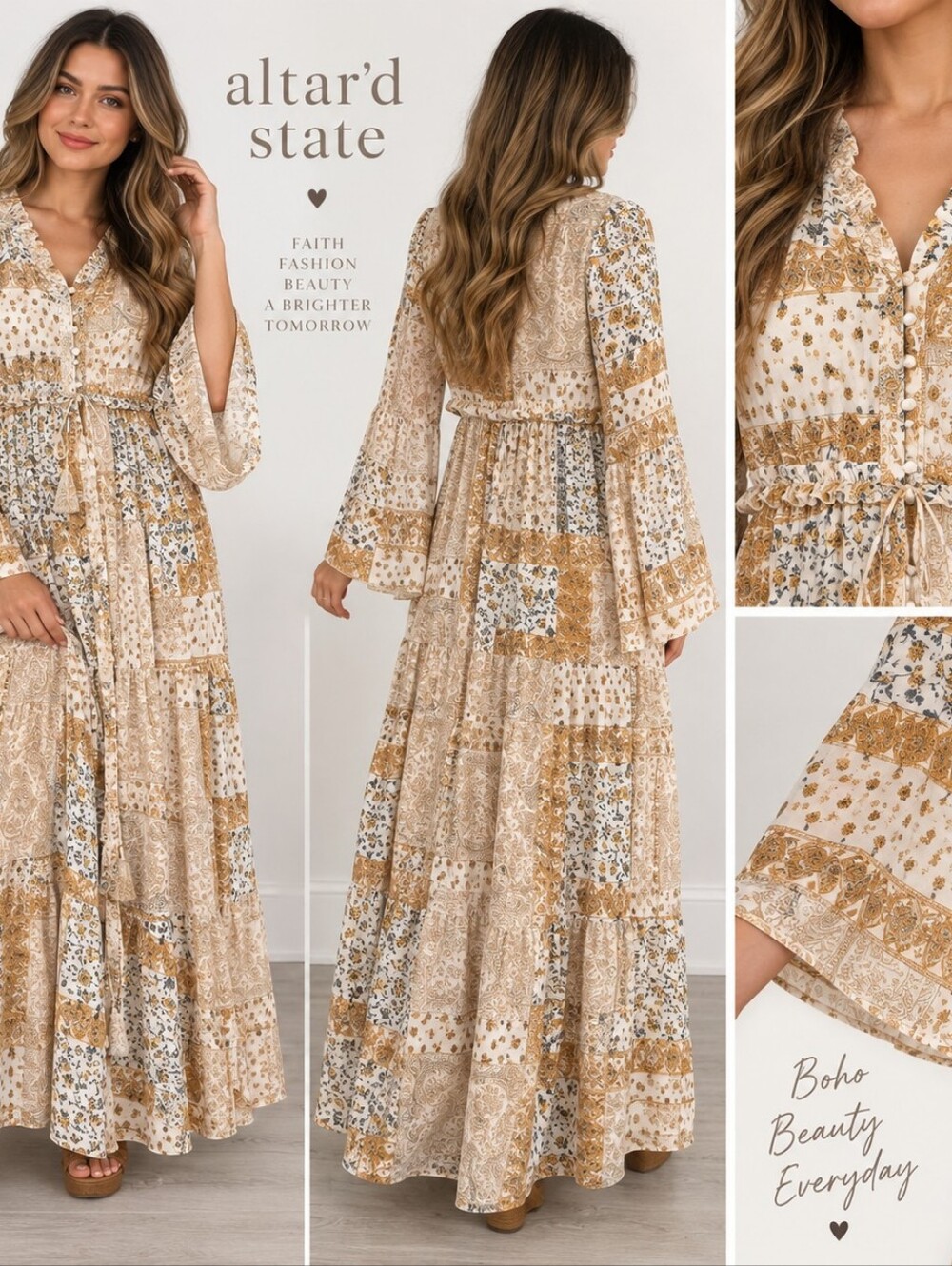 Altar’d State Maxi Dress M NWT Boho Paisley Floral Button Front Bell Sleeve
